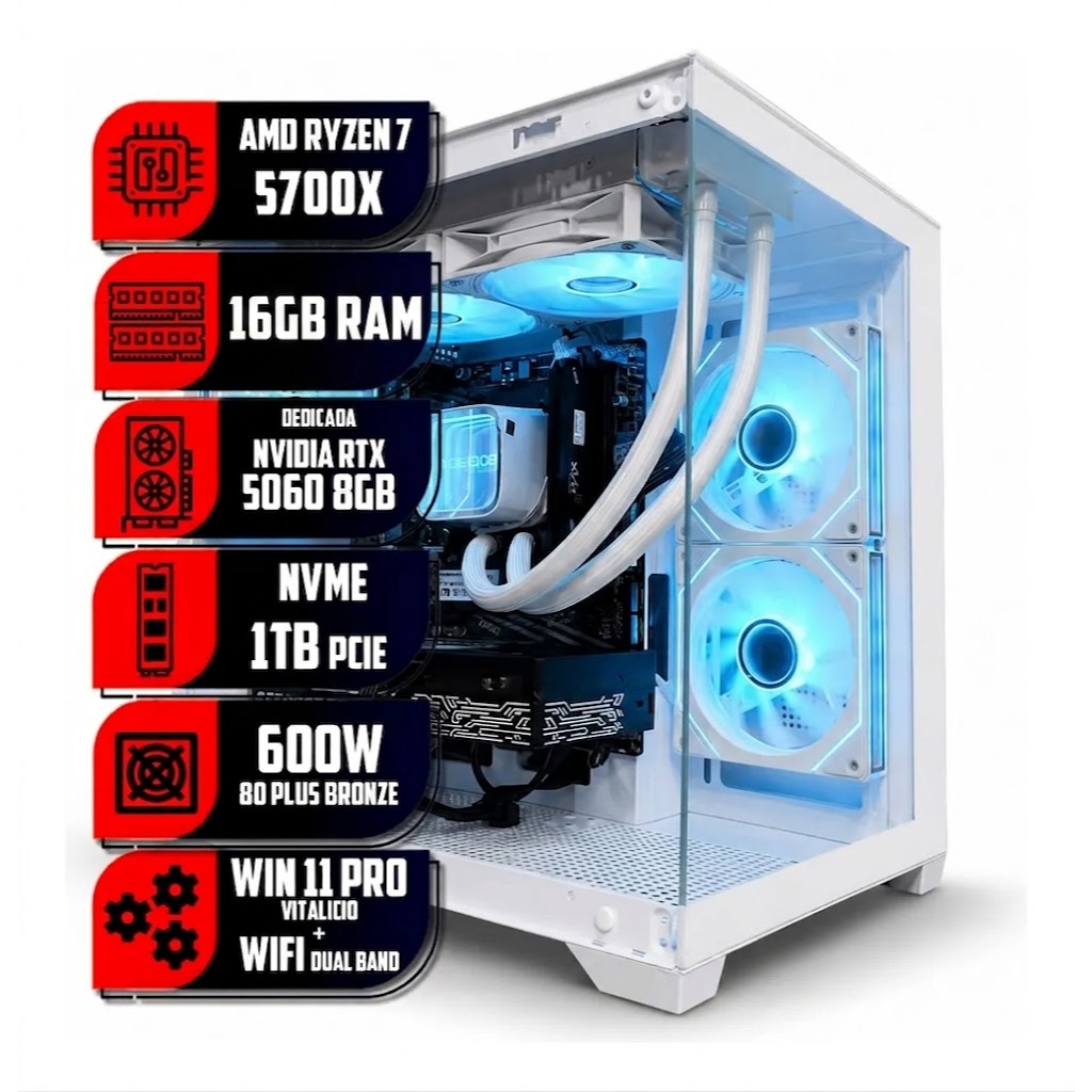 PC GAMER ZYN RYZEN 7 5700X, 16GB RAM DDR4, NVME 1TB, NVIDIA RTX 5060 8GB, WI-FI,