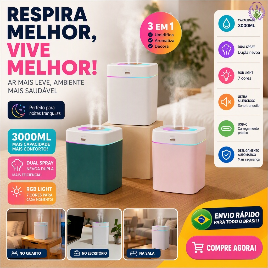 Umidificador de Ar Grande 3000ml Saída Dupla de Névoa Névoa Regulável Luzes LED Coloridas Silencioso para Quarto