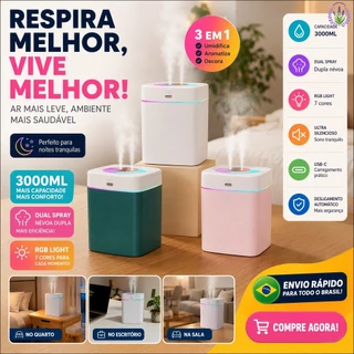 Umidificador de Ar Grande 3000ml Saída Dupla de Névoa Névoa Regulável Luzes LED Coloridas Silencioso
