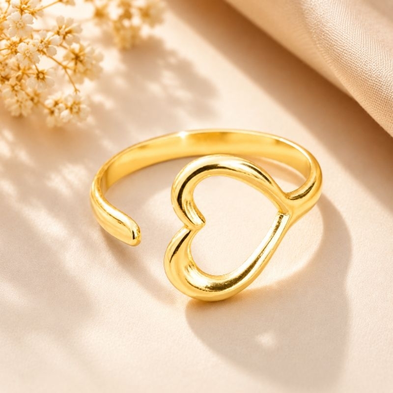 Anel Ajustável Dourado Coração Borboleta Flor Femininos Dupla Camada Aço Banhado Ouro 18k