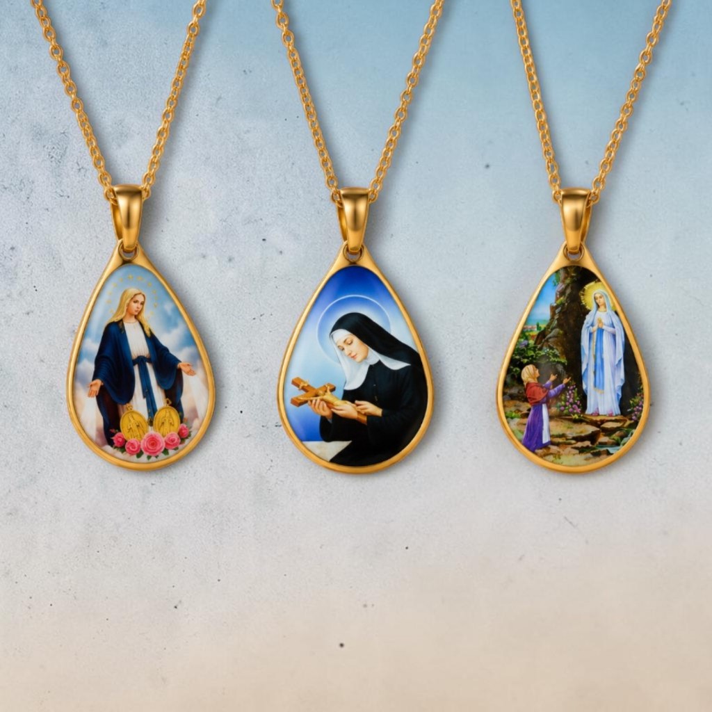 Colar folheado religioso com medalha nossa senhora das graças santa rita de cassia nossa senhora de lourdes