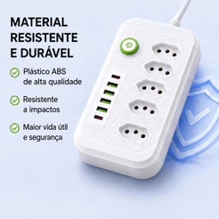 Régua Filtro de Linha com 5 Tomadas Extensão Elétrica 4 USB e 1 USB-C Bivolt 10A 110v/220v Cabo de 2 Metros