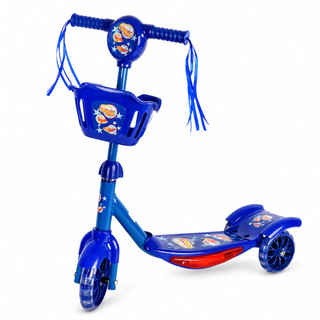 Patinete Infantil 3 Rodas Azul com Luz LED e Som Guidão Ajustável Cesto Frontal Criança Menino até 40kg