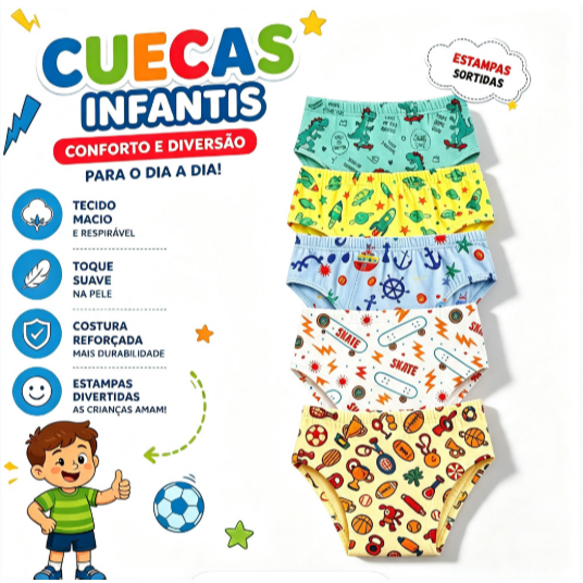 Kit 10 Cueca Infantil Slip - 100% Forro Algodão Confortável Meninos