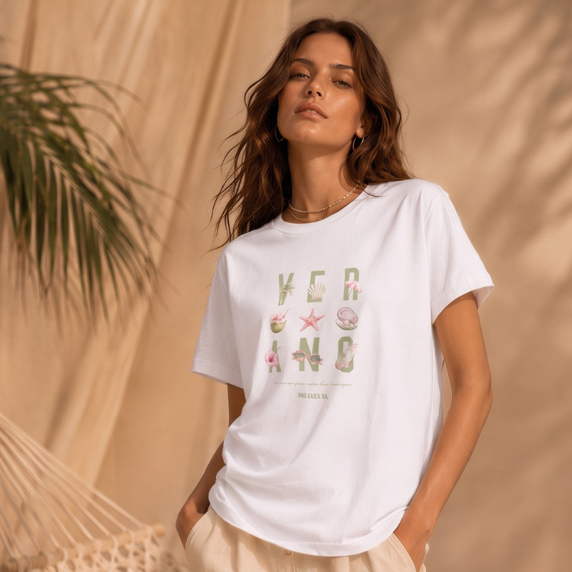 Blusa Feminina Estilosa T Shirt Praia Verão Tropical Conchas Flores Look Feminino Algodão Estampada