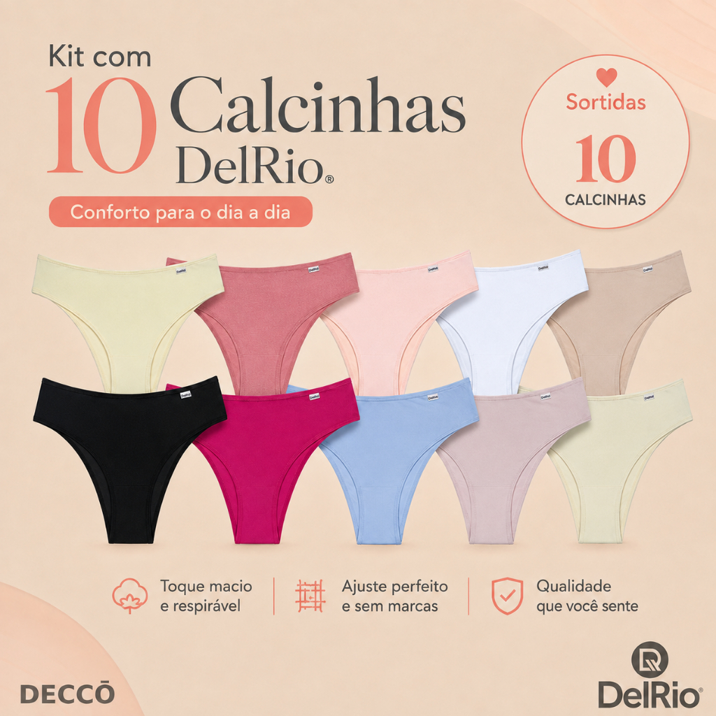 Kit 10 Calcinhas DelRio Biquíni Microfibra Confortável Feminina Uso Diário Original