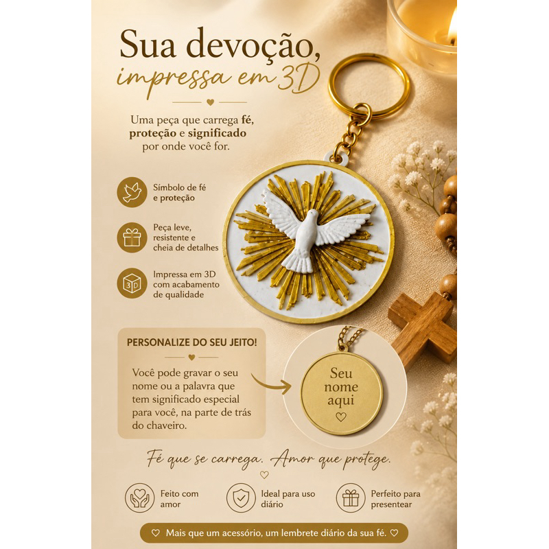 ✨ Kit Chaveiros Espírito Santo Personalizados em 3D – Com Nome | Lembrança de Fé e Devoção