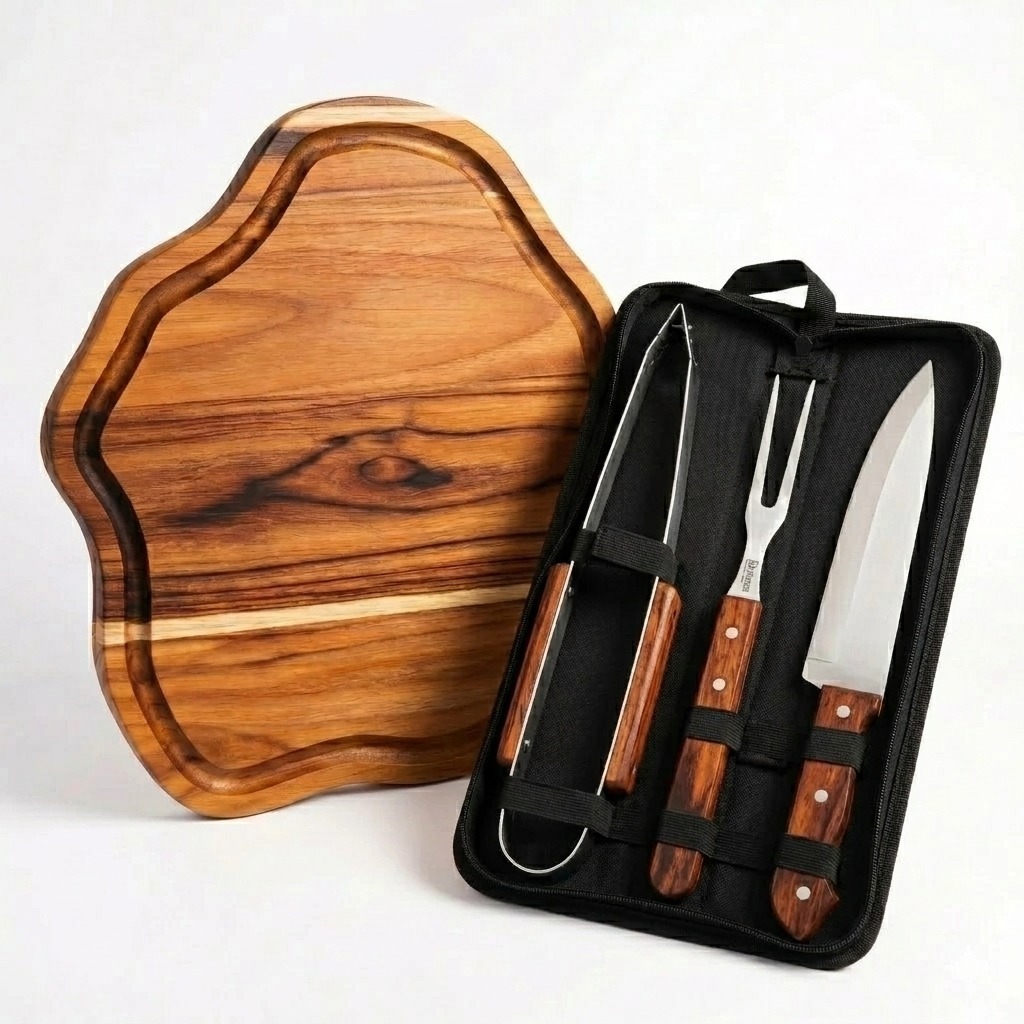 Kit Tabua Churrasco com Estojo Completo Garfo Faca e Pegador Personalizado