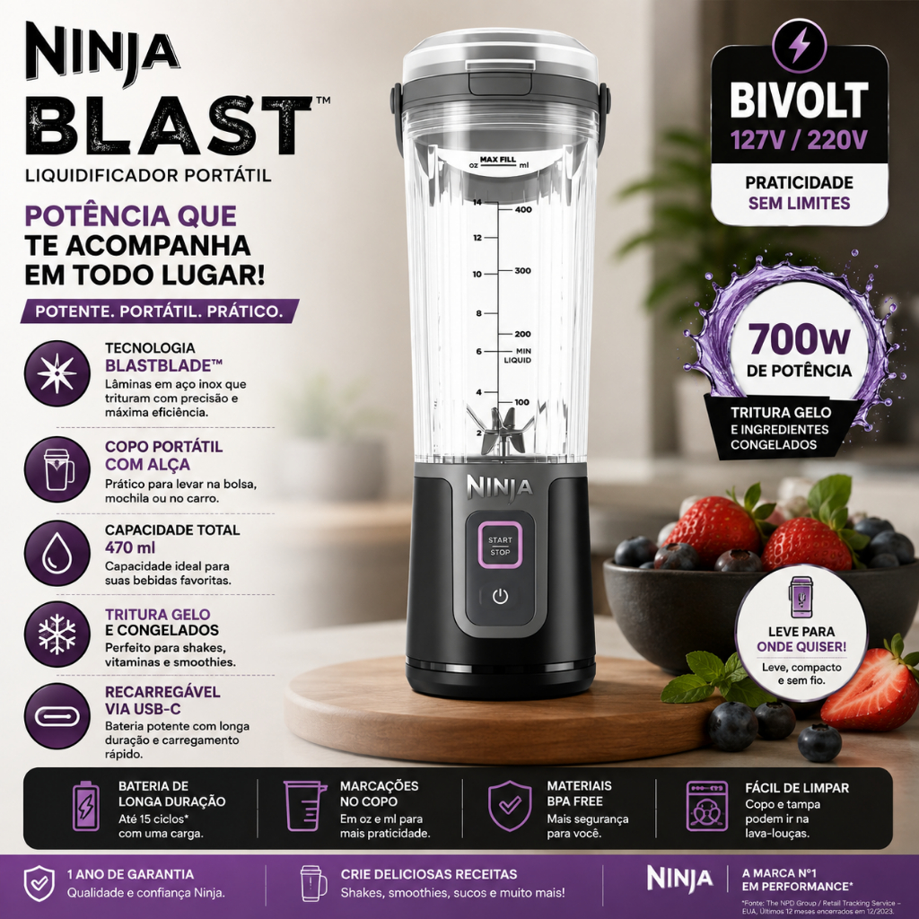 Liquidificador Portátil Ninja Blast 700W Bivolt Recarregável com Copo