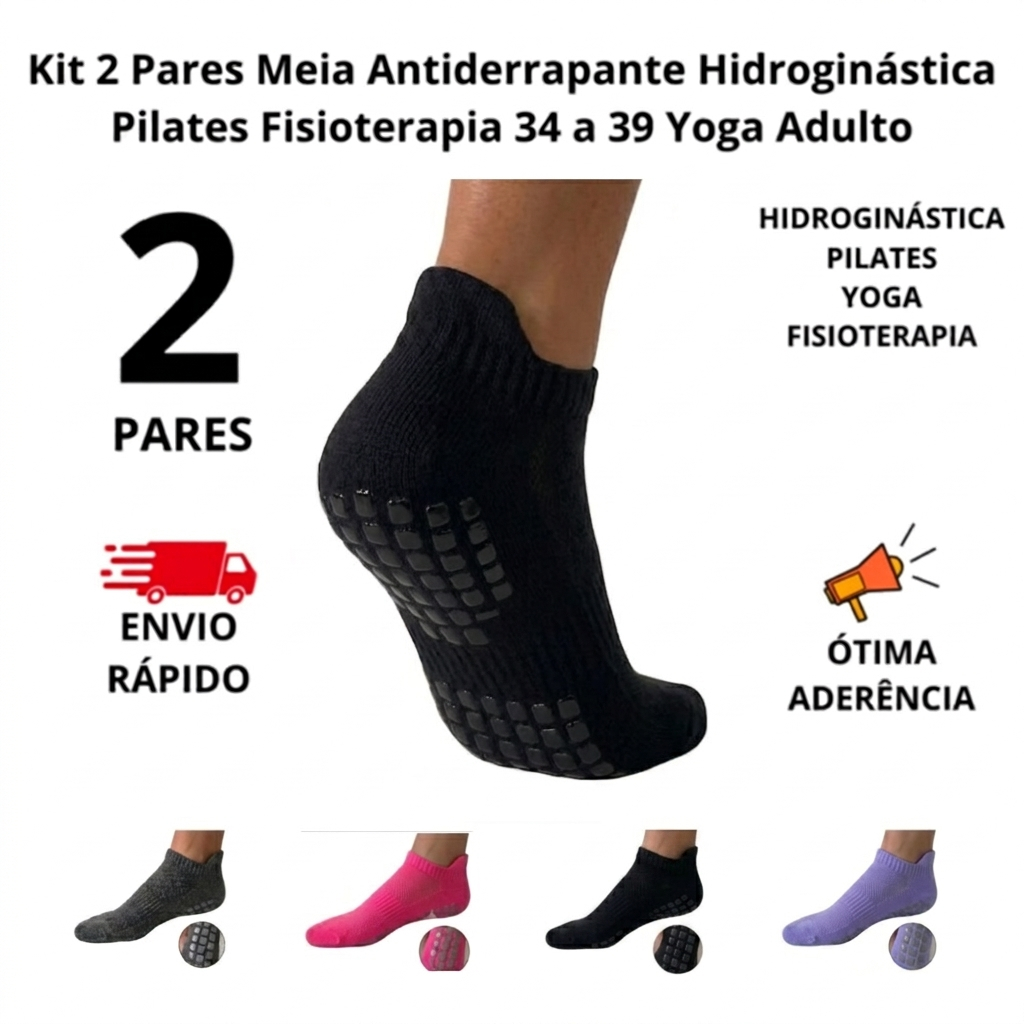 Imagem Kit  2 Pares Meia Antiderrapante Hidroginástica Fisioterapia Yoga Pilates  Tamanho 34-39 Adulto