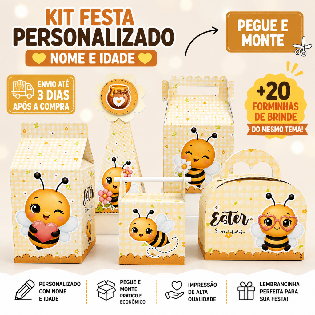 Kit de Caixas Abelinha Personalizadas PEGUE E MONTE + BRINDE 20 FORMINHAS | Lembrancinha Festa Aniversário | KIT FESTA