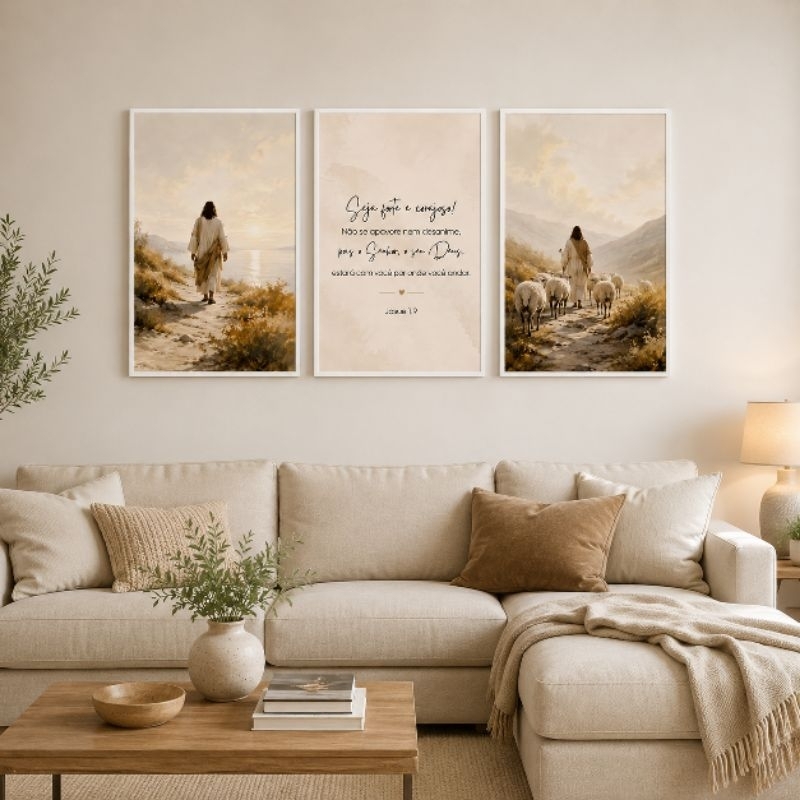 Kit 3 Quadros Decorativos Jesus Pastor Salmo Decoração Religiosa Para Casa Sala Quarto e Escritório