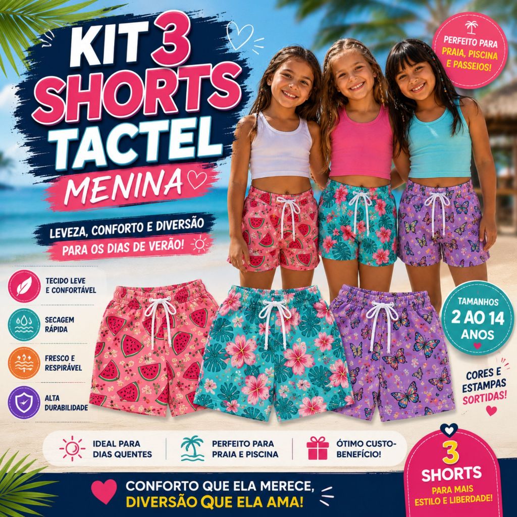 Kit 3 Shorts Tactel Infantil Juvenil Menina Verão Estampados