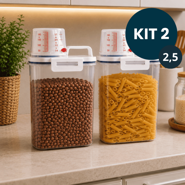Kit 2 Pote Dispenser Hermético 2,5L Copo Medidor Bico Dosador Cereais Arroz Ração Sabão Multiuso