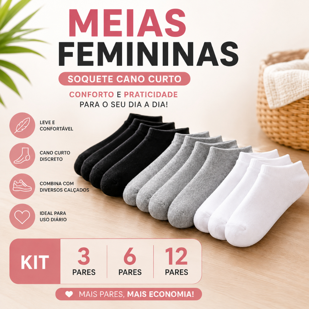 Meias Femininas 3/6/12 Pares Meia Cano Curto Soquete