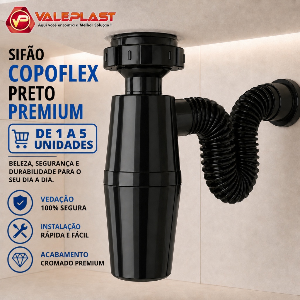 Sifão Copoflex Universal Sanfonado Flexível Ajustável Pia Cozinha Banheiro Preto Premium