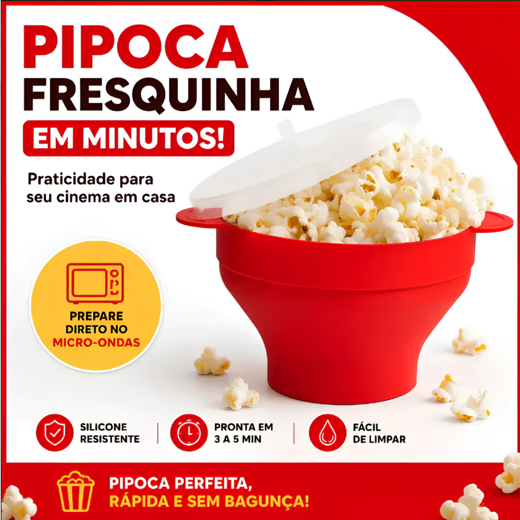 Pipoqueira Silicone Micro-ondas Balde Pipoca Sem Óleo Saudável Foldável 2,5 Litros Com Tampa Livre BPA 1/2 Unidades