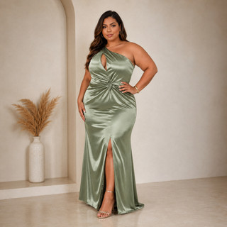Vestido Longo Plus Festa Acetinado Um Ombro Só com Fenda Drapeado Casamento Formatura Madrinha G1 G2 G3 G4- Elsa