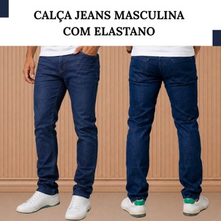 Calça Masculina Jeans Casual Azul Escuro Trabalho com Elastano Original Premium Tam 36 a 48