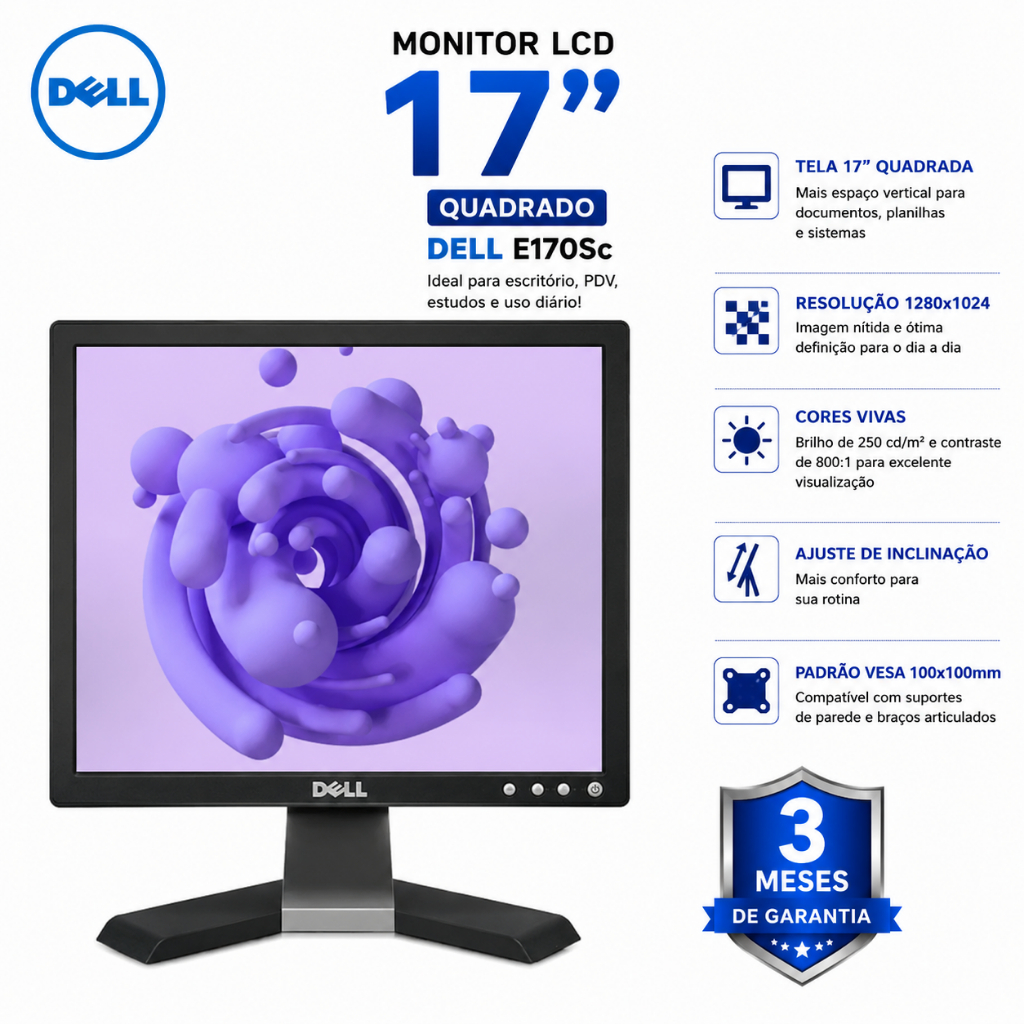 Monitor Dell 17 Polegadas LCD E170Sc Quadrado VGA 1280x1024 Para PDV Escritório CFTV Usado