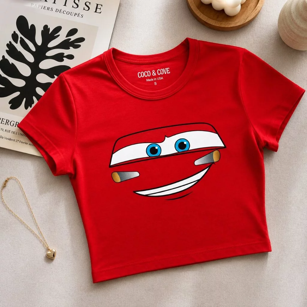 Baby Tee Feminina Crop Blusa Camiseta Cropped Vermelha Estampa Relâmpago Mcqueen Carros Y2K Algodão Moda Tumbler — imagem 1