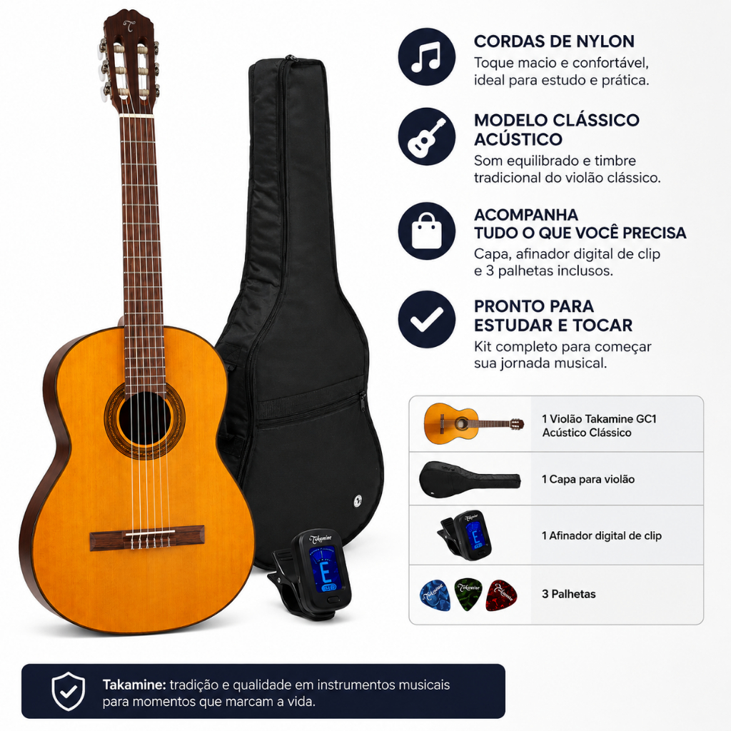 Violão Takamine Gc1 Nylon Clássico Kit Capa Luxo + Afinador