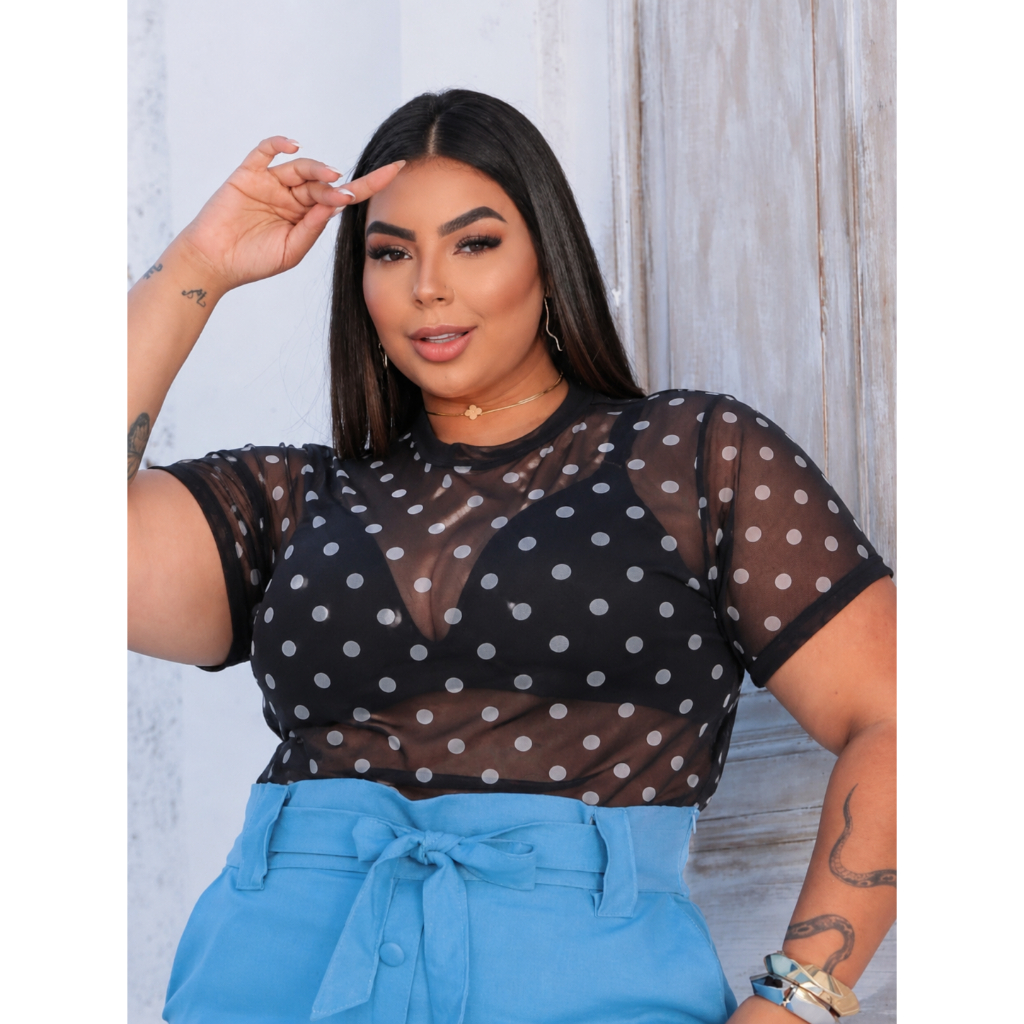 Blusa Tule Segunda Pele Ideal Para Dias Quentes de Verão, Plus Size Estampa Bolinha