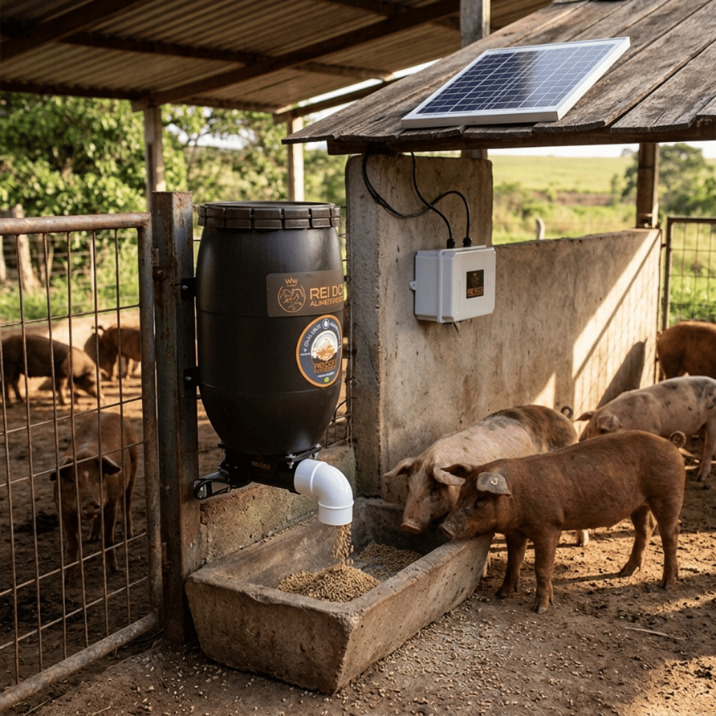 Alimentador Automático de Ração com Kit Solar Off-Grid para Porcos Suínos Chiqueiros Pocilgas