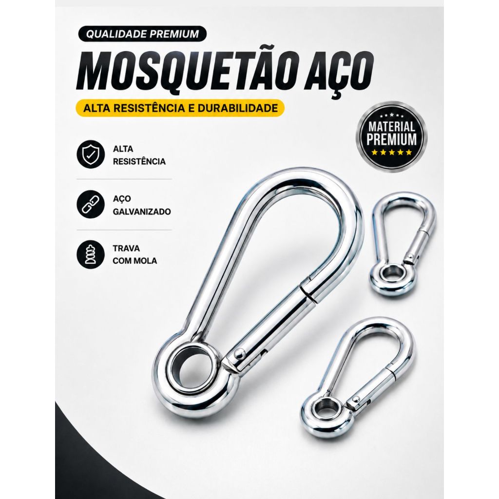 Kit 2 Mosquetão Aço Carbono 5cm 5x50 Trava Simples Suporta 100kg Com Olhal