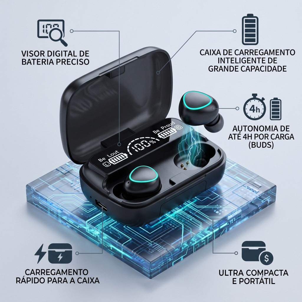 Fone de Ouvido Bluetooth M10 TWS 5.3 Sem Fio com Display LED Cancelamento de Ruído Microfone Som Estéreo à Prova d'Água