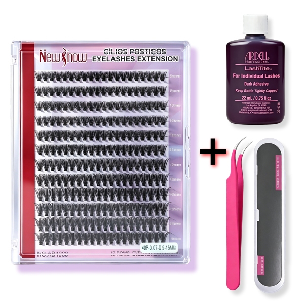 Kit Completo Extensão NewShow Cílios Postiços Tufos sem Nó 40P D Mix9-15mm + Cola Profissional + Pinça com Estojo