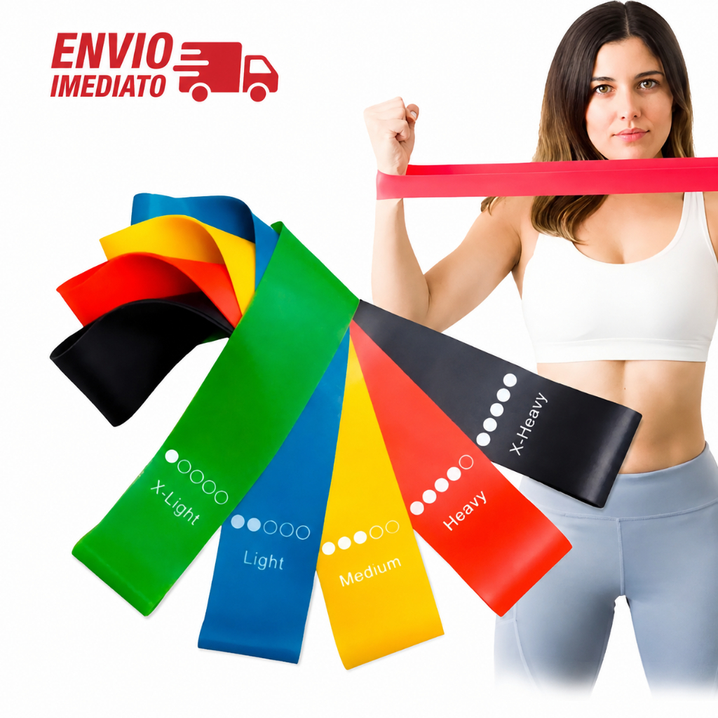 Kit 5 Banda Faixa Elástica de Resistência Band para Treino de Yoga, Pilates, Crossfit, Academia e Musculação