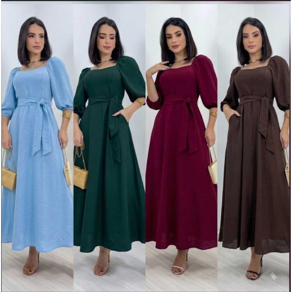 Vestido Feminino Mídi Com Forro Bojo y ELASTICO NA MANGA Moda Evangélica