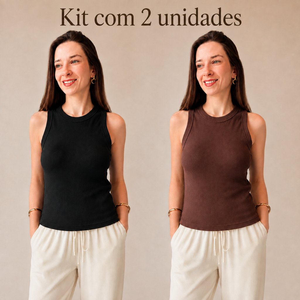 kit 2 Regatas Feminina Canelada Ribana Premium Algodão Elastano Blusinha Básica Casual Várias Cores Têndencia