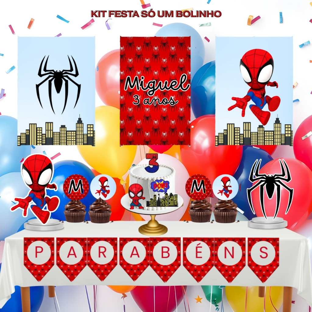 Kit Festa “Só um Bolinho” Personalizado Homem Aranha lembrancinha aniversario alta qualidade desmontado