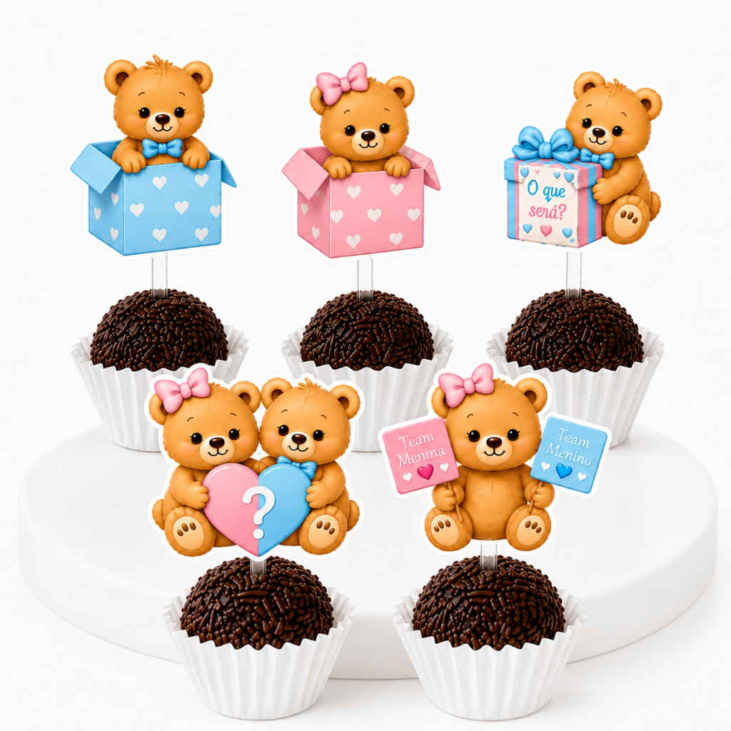 Envio Rápido kit 30 |Topper para Docinhos Chá Revelação Ursinho Rosa e Azul| Decoração Menino ou Menina | Chá de Bebê