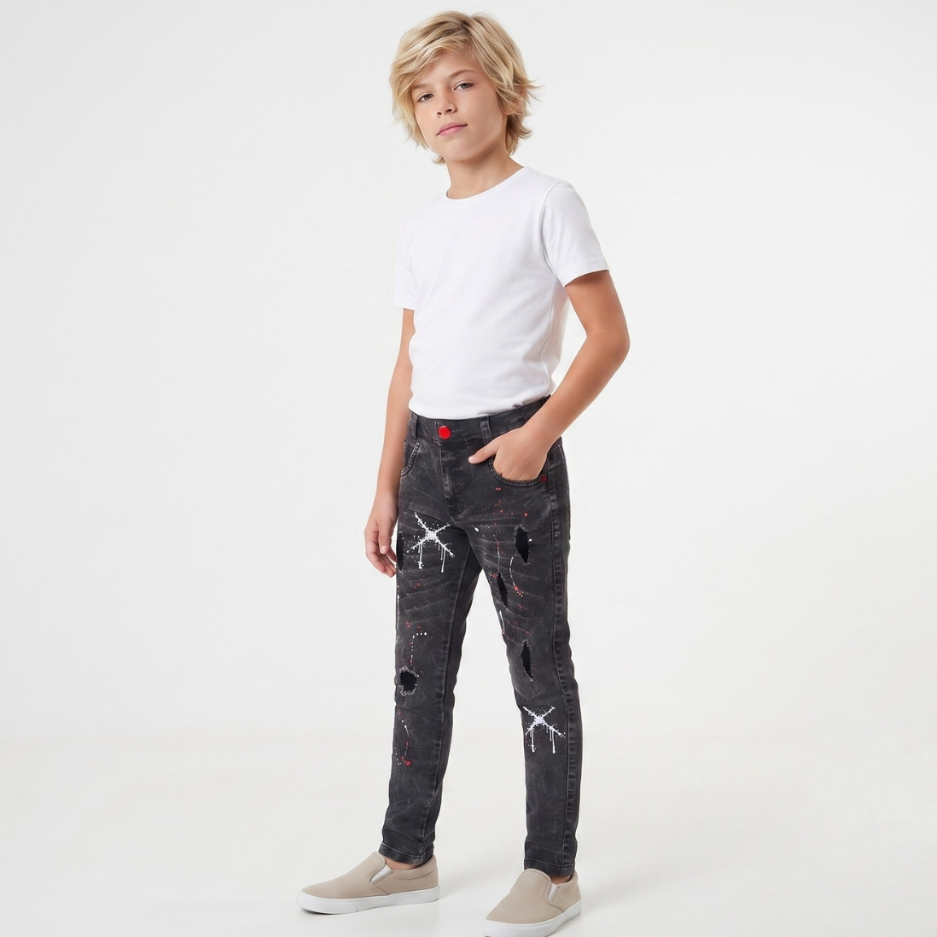 Calça Jeans Masculina infantil Skinny Destroyed Estilo Jogador com Lycra e Regulagem Interna