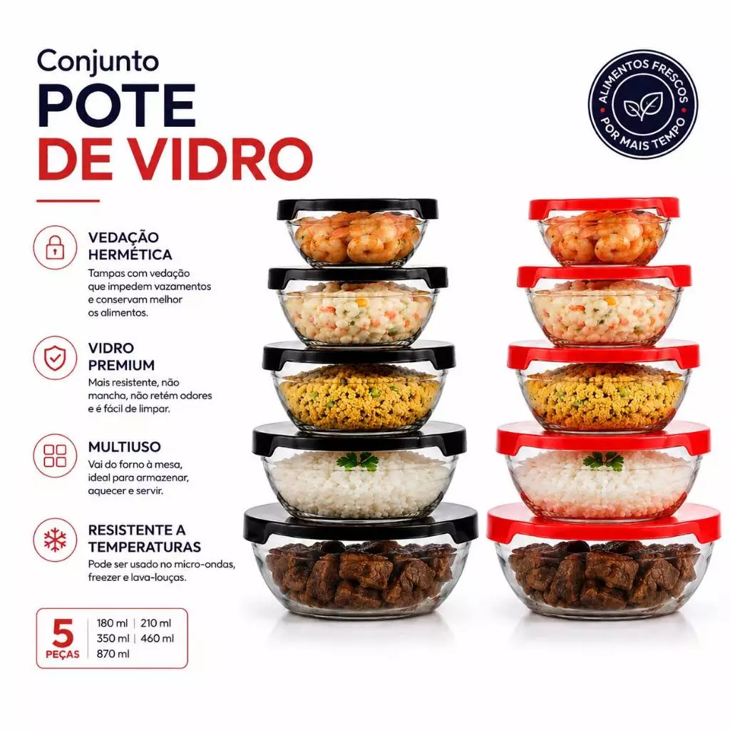 Kit Conjunto 5/10 Potes Tigela de vidro Bowl comTampa Resistente Organizador de Geladeira e Armazenamento Cozinha