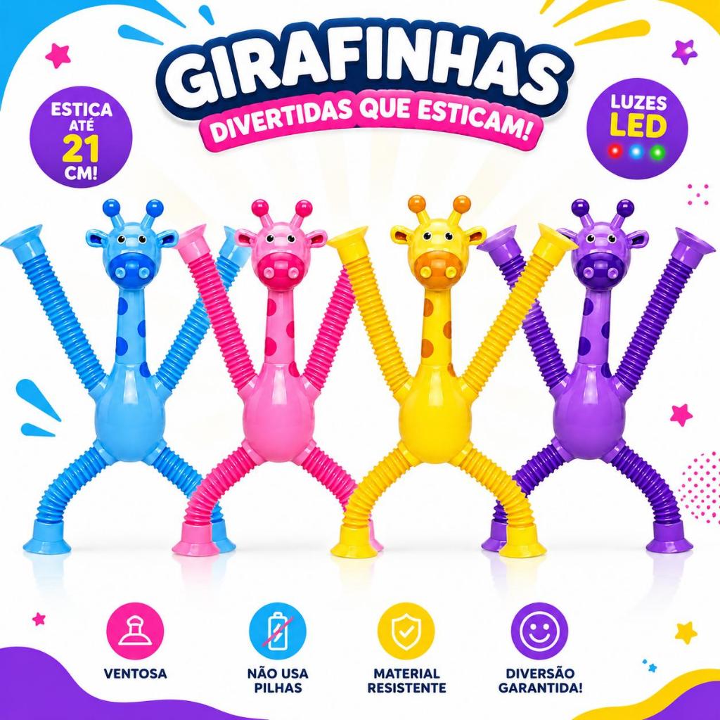 Girafa Pop Tub Estica e Gruda Montessori Sensorial Anti Estresse Fidget Toy LED Ventosa Brinquedo Educativo Presente
