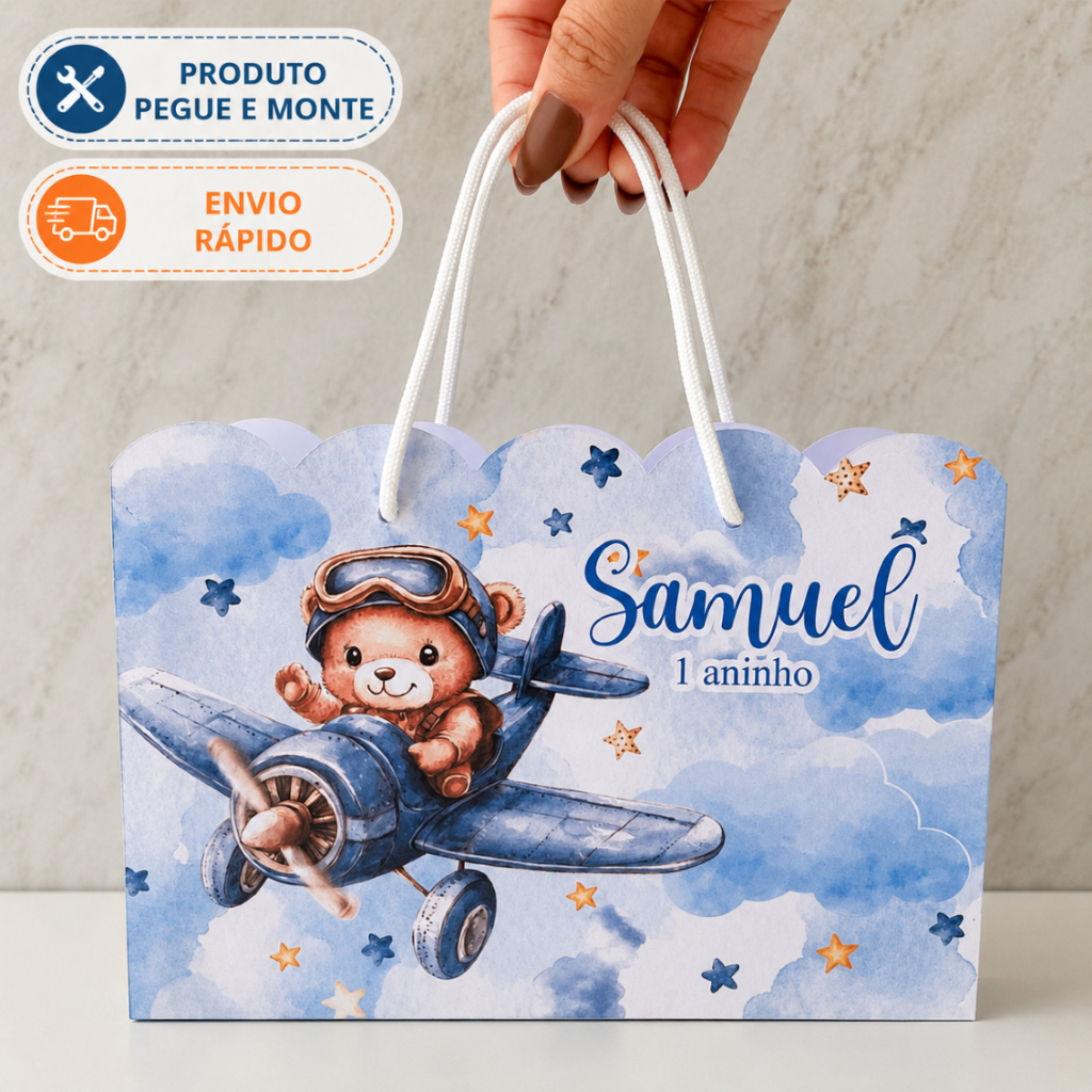 Sacolinha Personalizada Ursinho Aviador  - Kit 10, 15, 20 e 30 Unidades festa infantil