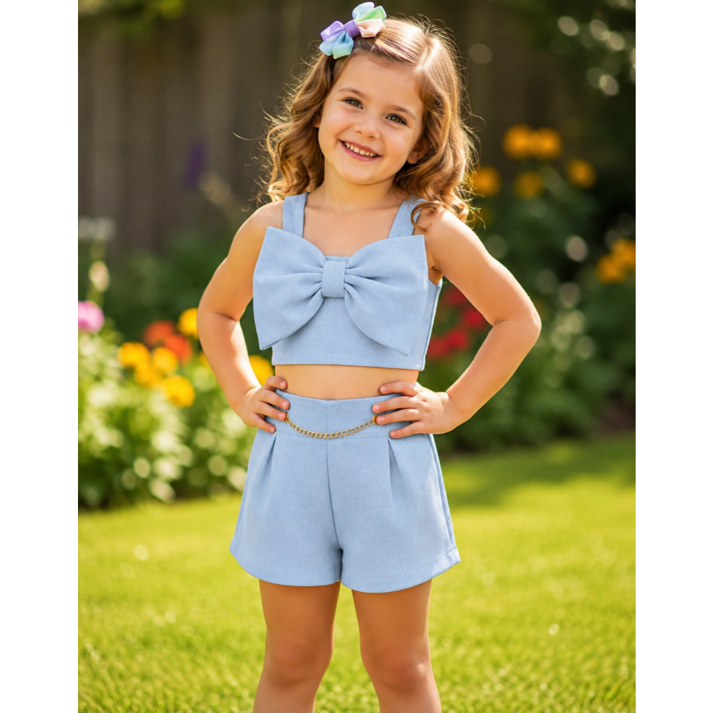 Conjunto feminino infantil Ayla moda blogueirinha short e blusa Verão do tamanho 2 ao 10