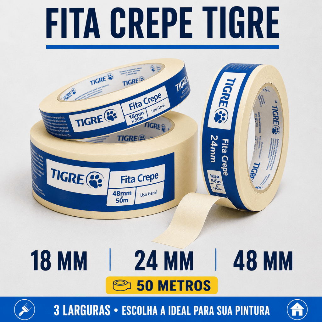 Fita Crepe Tigre 18mm 24mm 48mm x50m Pintura Limpeza Proteção Fácil Remoção Multiuso