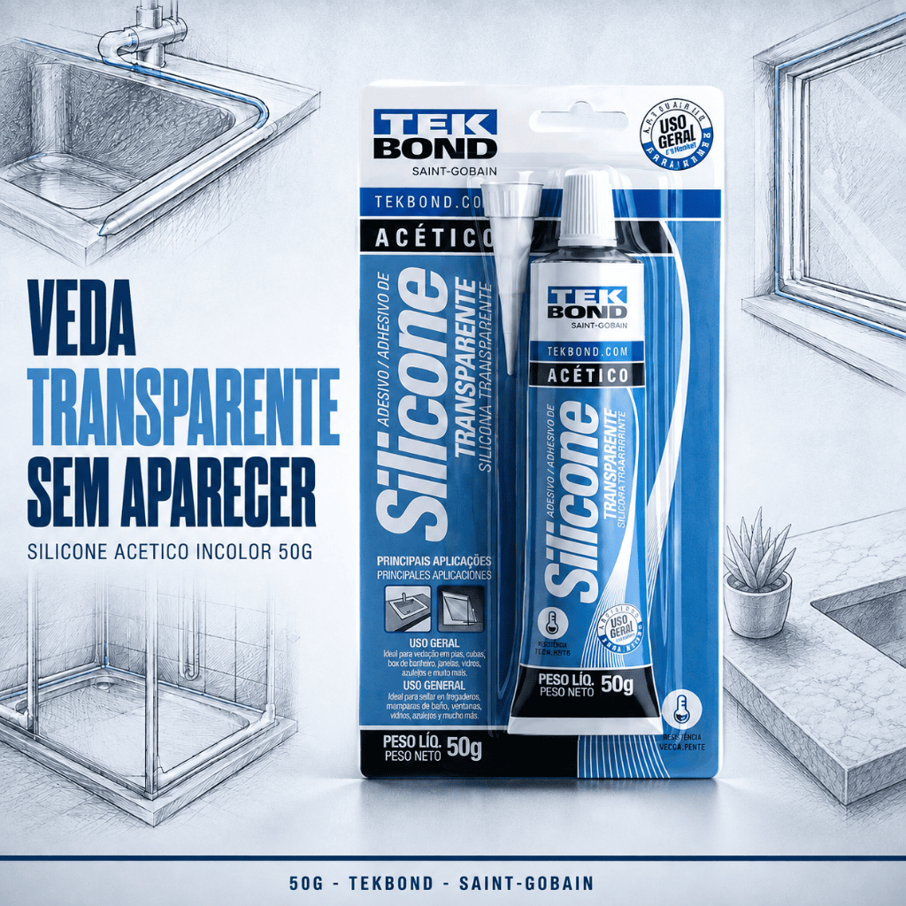 Silicone Acetico Incolor Transparente TekBond 50g Vedacao Pia Box Vidro Janela Cola Multiuso