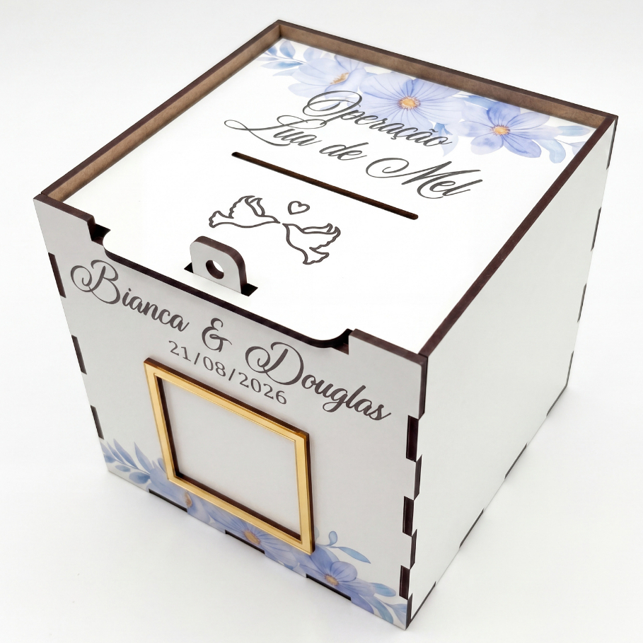 Caixa Pix Casamento Floral Azul Personalizada Corte da Gravata Operação Lua de Mel QR Code MDF 13cm