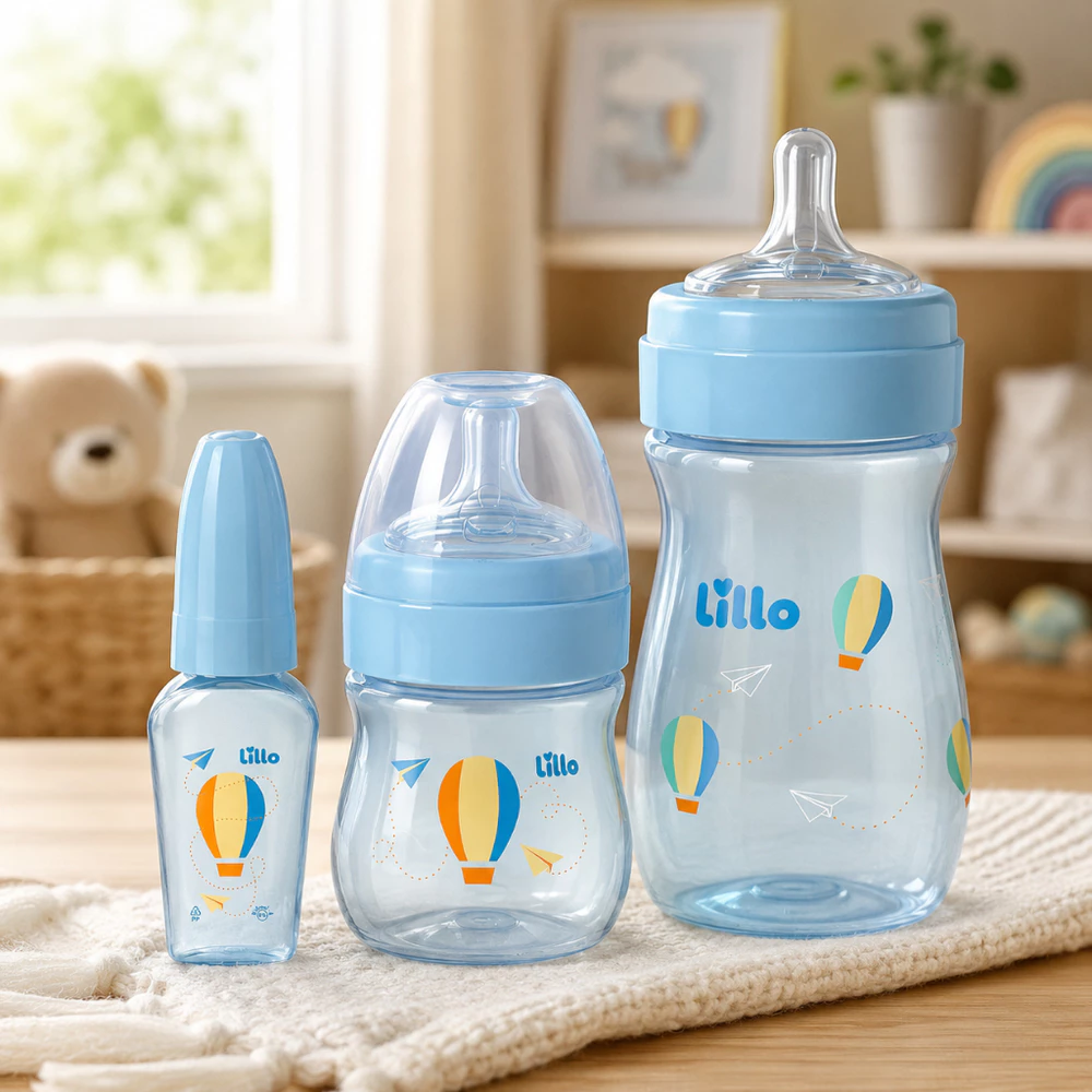 Kit de Mamadeiras com Chuquinha Menino Antivazamento Bico Redondo Primeiros Passos 50/150/240ml Azul