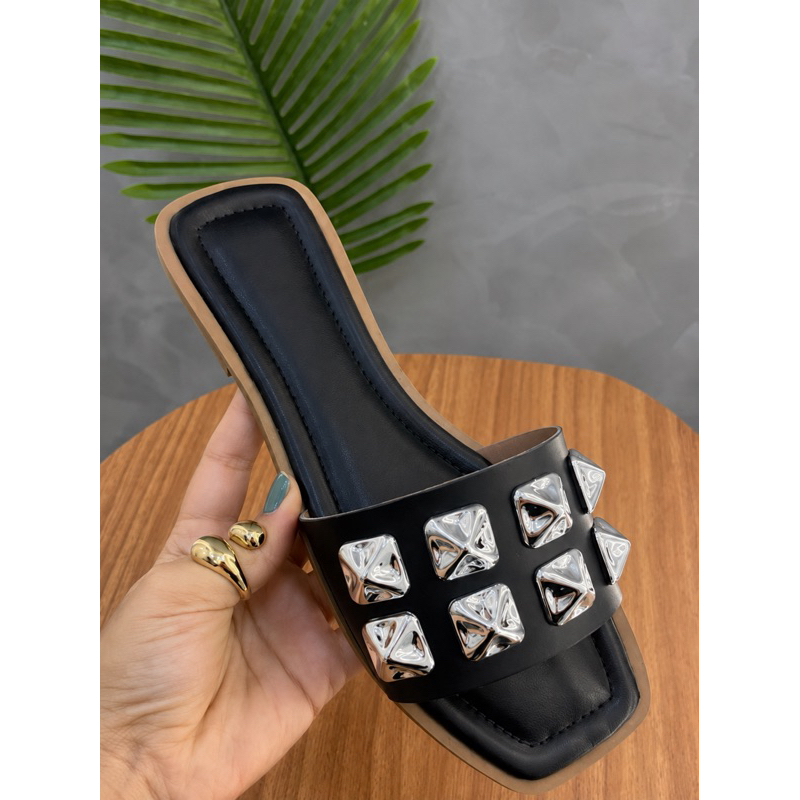 Sandália Rasteirinha Feminina Elegante Sandália Plana Casual Aplique Metal Confortável