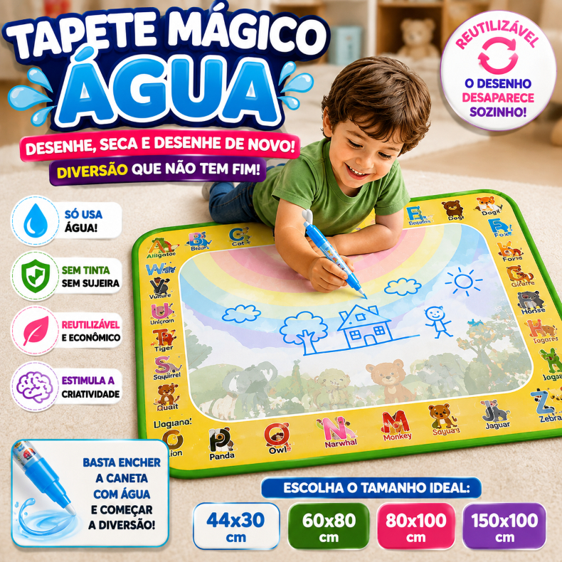 Tapete Mágico Água Infantil Reutilizável com Canetas e Moldes EVA