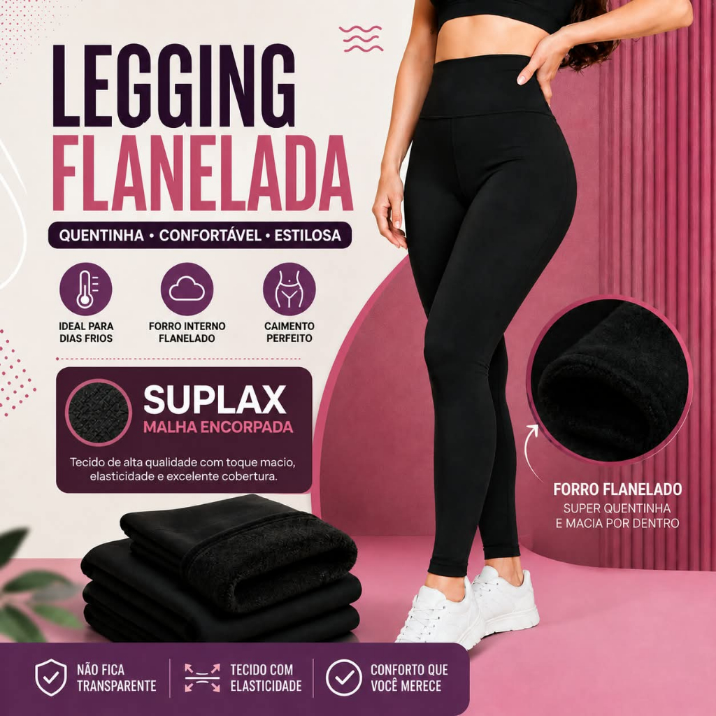 Calça Legging Feminina Preta Flanelada Basica Cos Alto Zero Transparência Compressao Legging Premium Suplex Academia