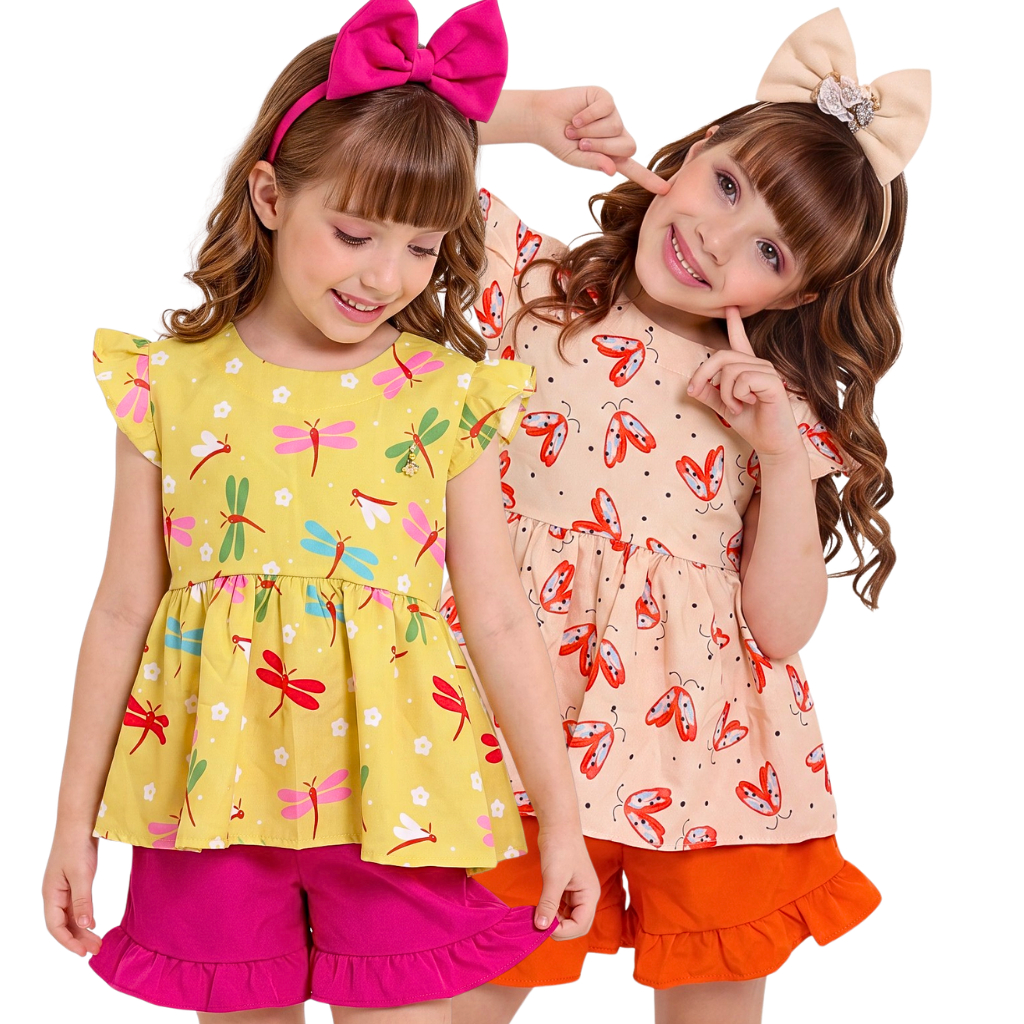 Conjunto infantil menina blusa e shorts princesa confortavel estampado blogueirinha tamanho 4,6,8