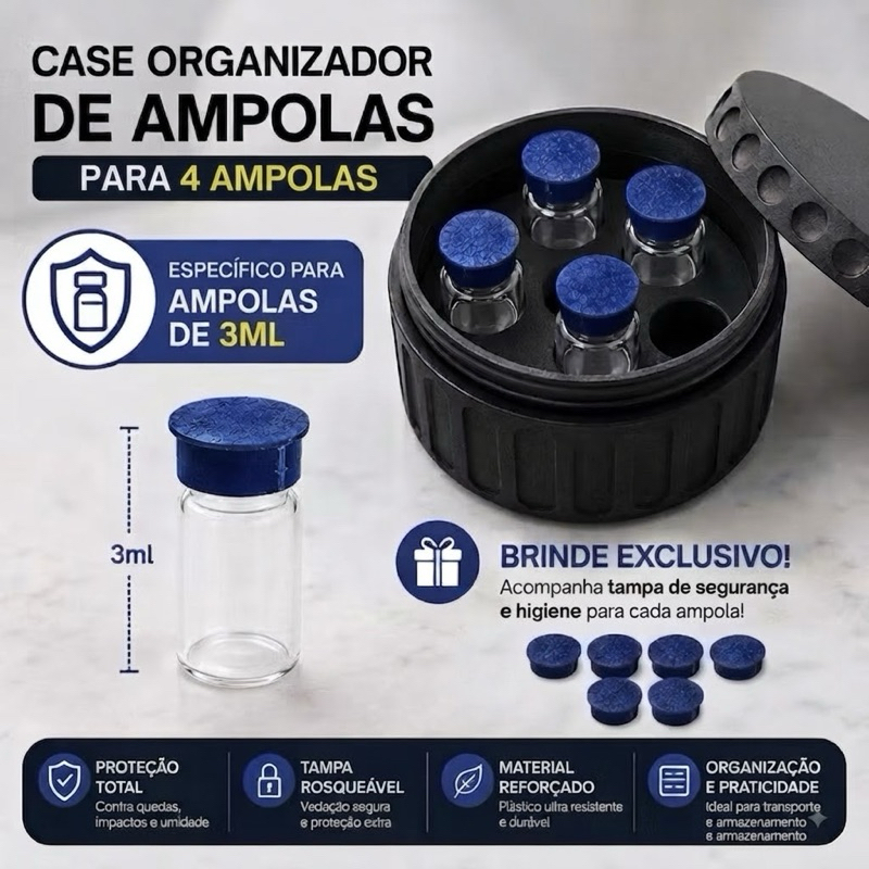 Porta 4 Ampolas Peptídeos Organizador de Frascos Tirze TG Remédios 3ml Compacto com Tampa Rosqueável